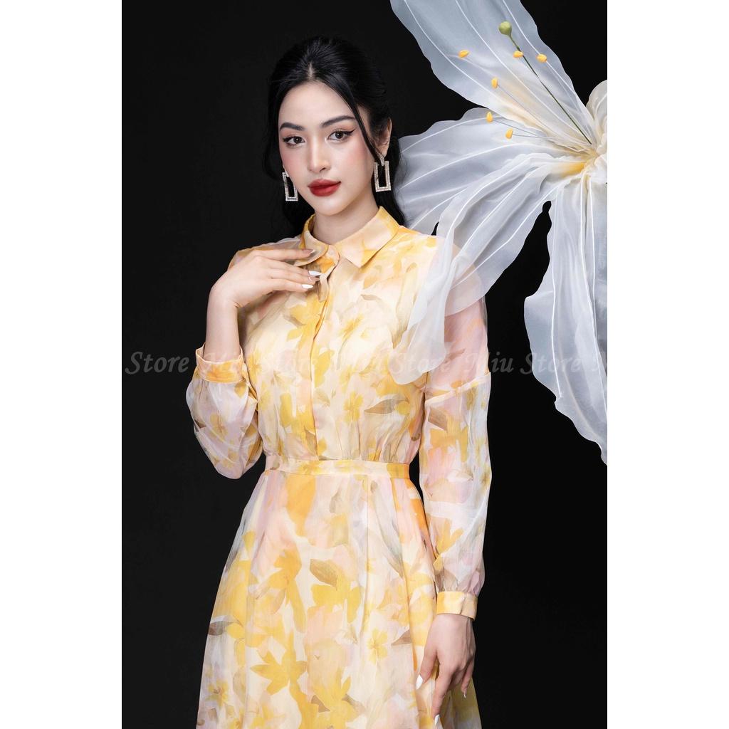 D00463 - Đầm thiết kế cao cấp voan tơ cổ đức hoa vàng Miu Store
