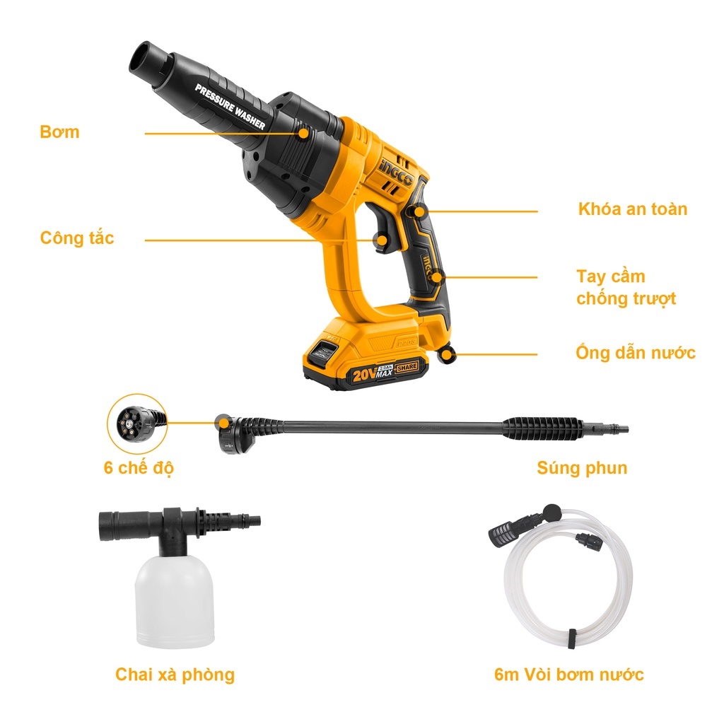 Máy rửa xe ô tô, xe máy dùng pin INGCO CPWLI2008 (Chưa bao gồm pin và sạc đi kèm)