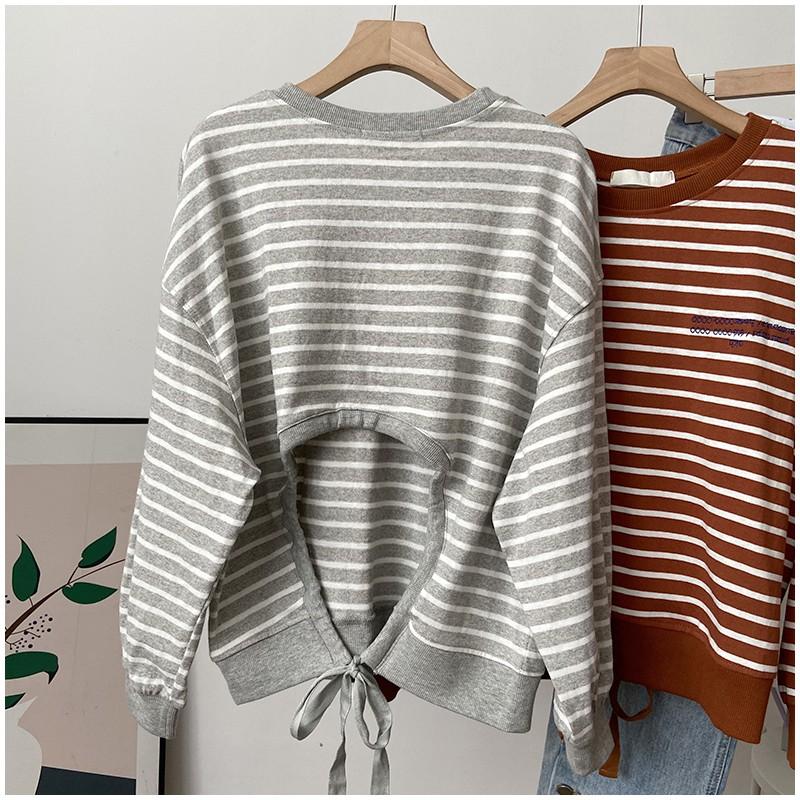 ÁO NỈ SỌC SWEATER CUTOUT HỞ LƯNG THẮT NƠ