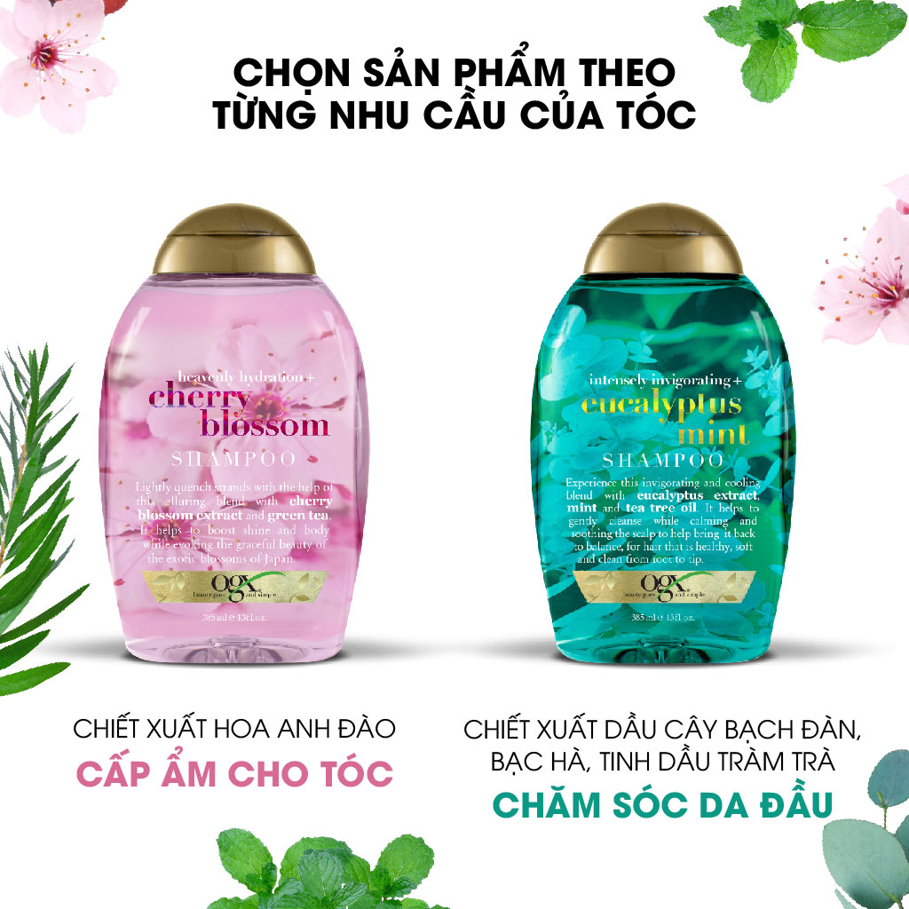 Dầu Gội OGX Chiết Xuất Hoa Anh Đào/ Bạch Đàn Bạc Hà - Dung Tích 385ml