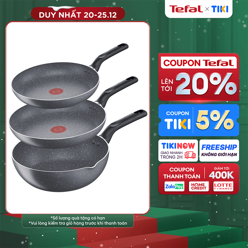 Combo 3 chảo chống dính Tefal - Chảo chiên 20cm Natura B2260295 & Chảo chiên 24cm Natura B2260495 & Chảo sâu lòng 24cm Natura B2266495 - Hàng chính hãng