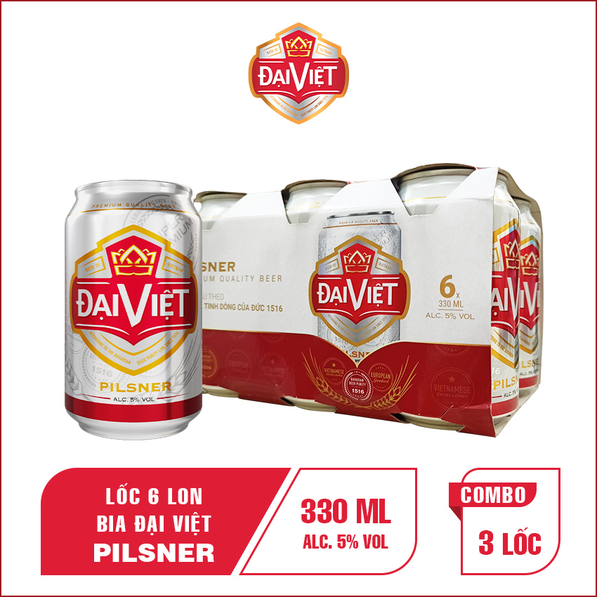 [Combo (18) lon 330ml]  Bia Pilsner Đại Việt, Bia vàng sản xuất theo luật bia tinh dòng của Bia Đức, không hóa chất, đậm vị đúng gu