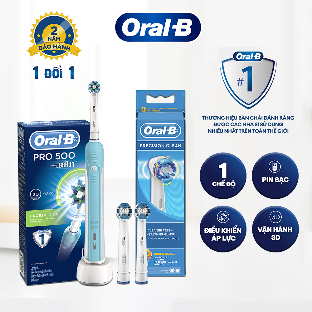 Combo Bàn Chải Điện ORAL-B Pro 500 Cross Action Xanh Làm Sạch Sâu Từng Kẽ Răng 1 Bàn Chải Pro 500 + 2 Đầu Bàn Chải Precision Clean Thay Thế