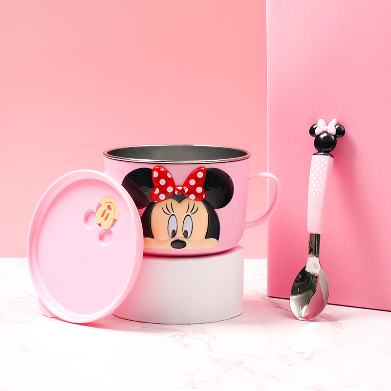 Set ăn uống 4 món tô, ly, muỗng, nĩa inox giữ nhiệt hình chuột Minnie 3D màu hồng cho bé gái - 397VNDM2346