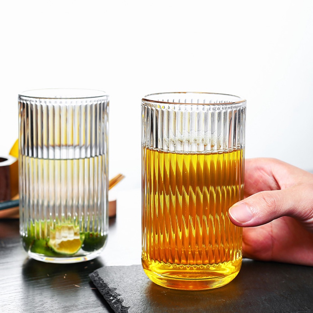 Ly thủy tinh trụ đứng sọc tăm 360ml decor nước hot nhất - Mã 1307