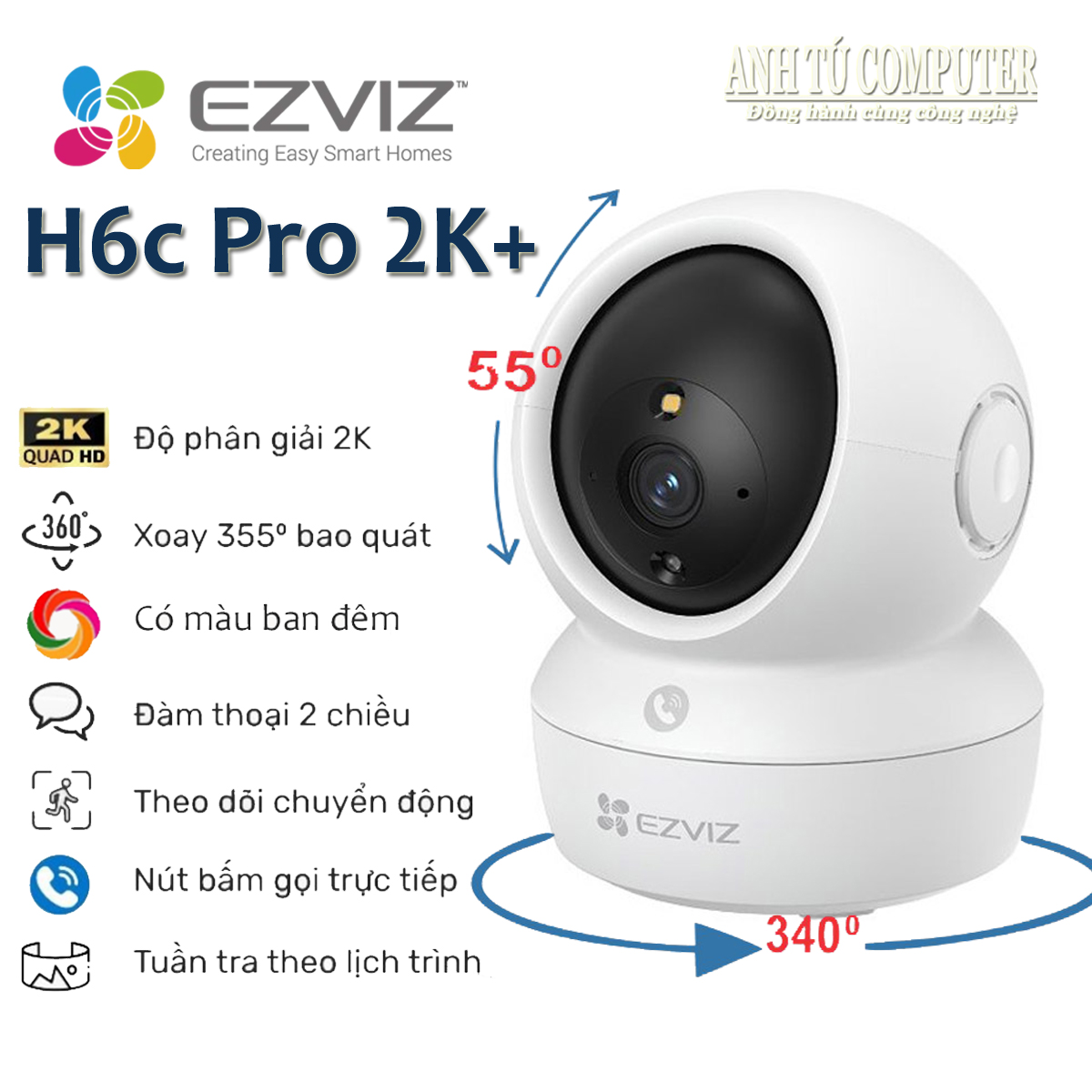 Camera WiFi 4MP quay quét thông minh EZVIZ H6c Pro 2K+ hàng chính hãng