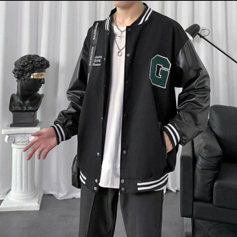 Áo Khoác Bomber Chữ G Áo Nỉ Tay Da Chữ Thêu Nam Nữ