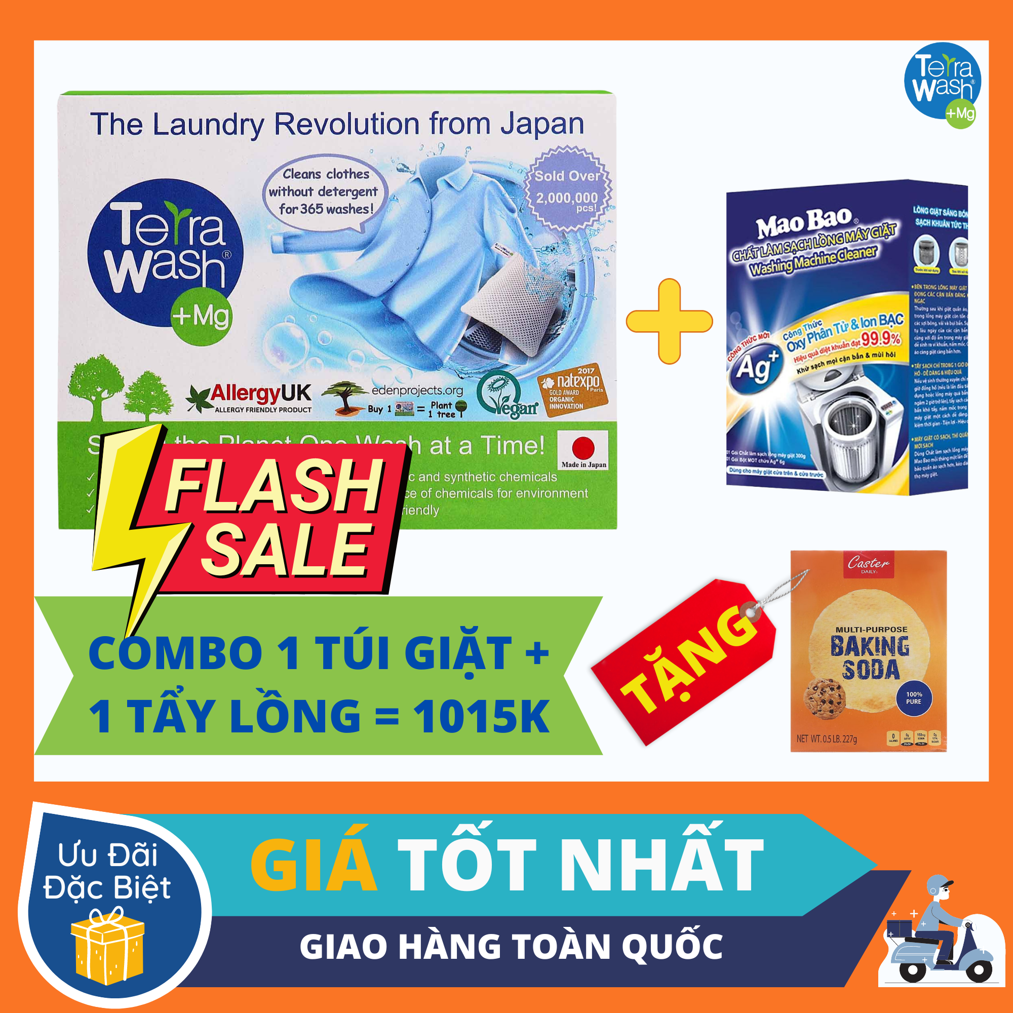 Combo túi giặt thay thế xà phòng Terra Wash + bột tẩy lồng máy giặt Mao Bao - Tặng Baking Soda