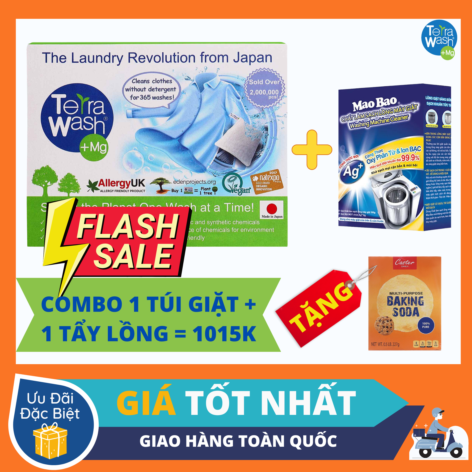 Hình ảnh Combo túi giặt thay thế xà phòng Terra Wash + bột tẩy lồng máy giặt Mao Bao - Tặng Baking Soda