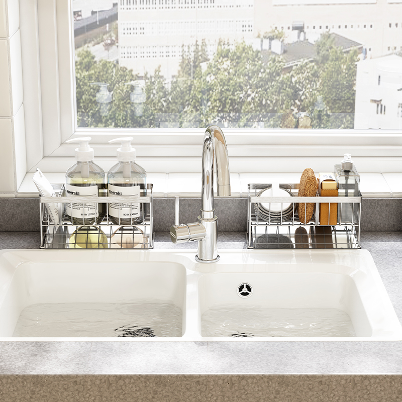 Kệ Đựng Đồ Rửa Chén Bát, Giá Để Giẻ Rửa Bát Inox 2 Ngăn Có Khay Hứng Nước Tiện Dụng