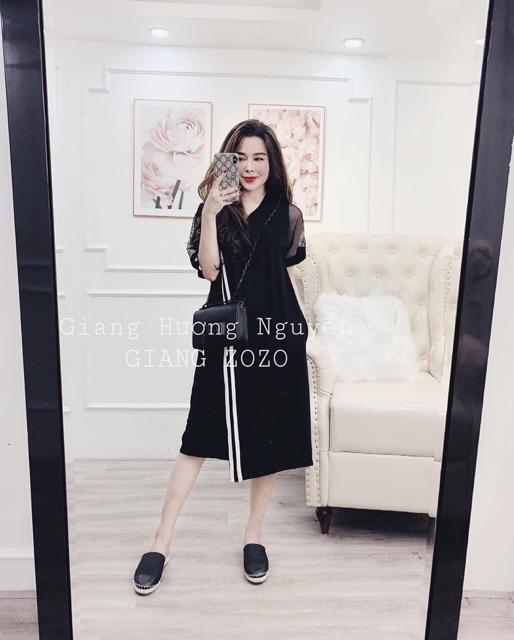 Đầm suông sọc lệch 2 bên cách điệu tay lưới