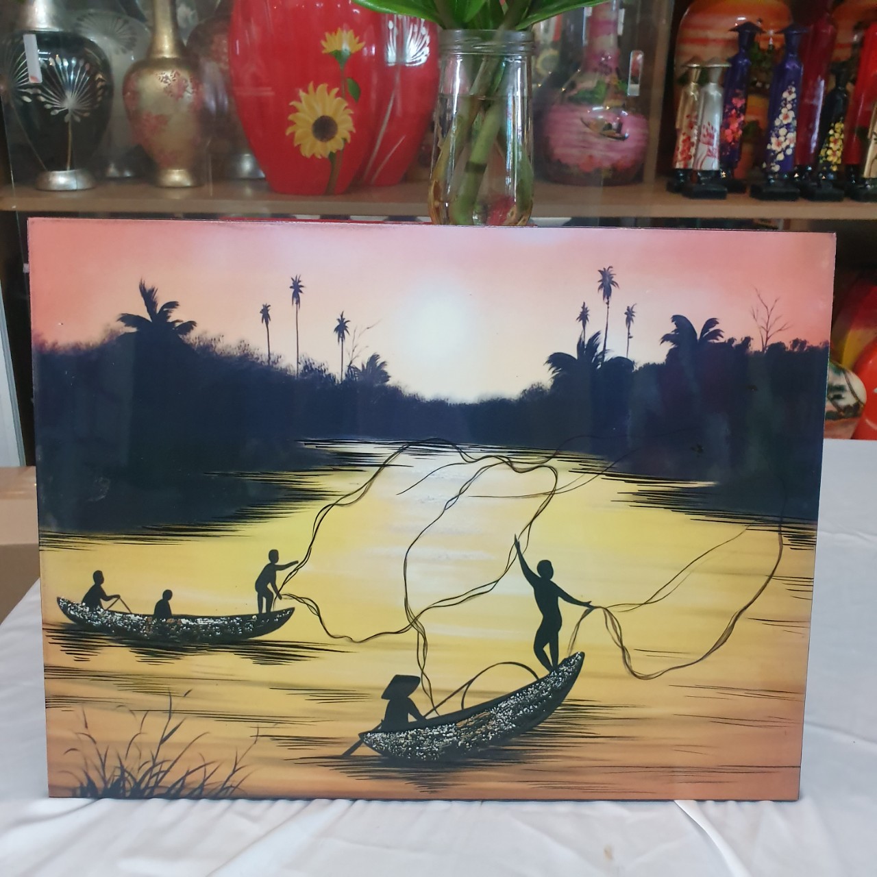 Tranh sơn mài đồng quê vẽ màu đẹp Thanh Bình Lê, hàng xuất khẩu 30x40 cm