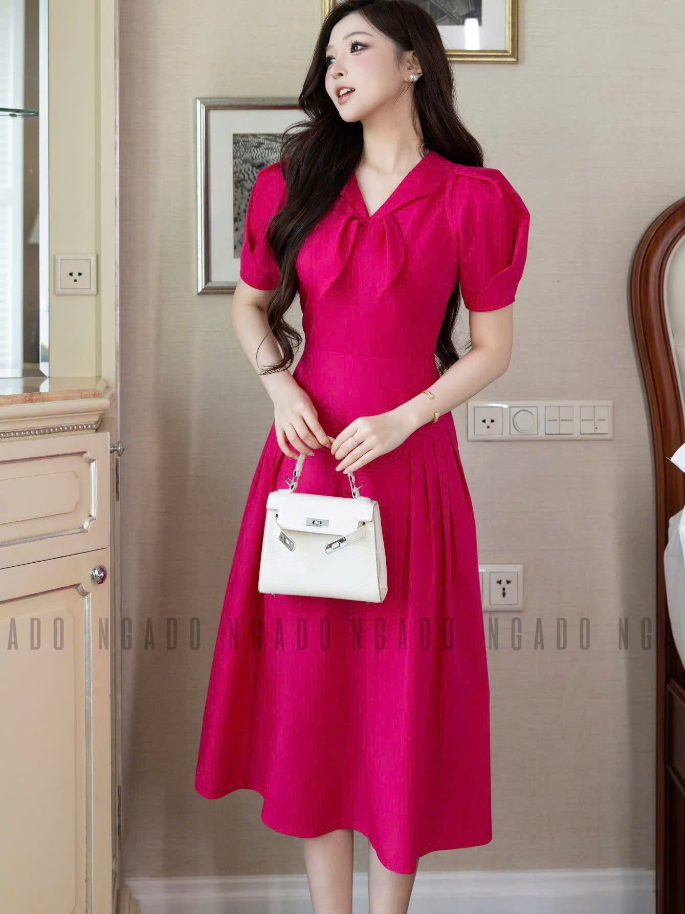 Đầm hồng sen tay phồng NGADO , đầm thiết kế Nữ , đầm công sở , dự tiệc