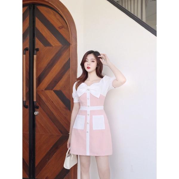 Đầm WONDERHOUSE cổ vuông phối nơ nhỏ trước ngực chất vải dày dặn