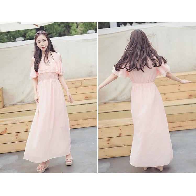 Đầm maxi rớt vai chiffon hồng dâu