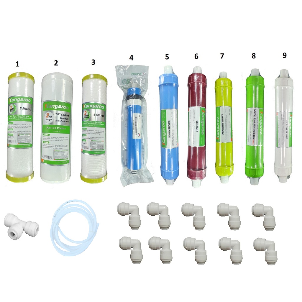 Combo Bộ 9 Lõi Lọc Nước Kangaroo 1,2,3,4,5,6,7,8,9 (RO Hàn Quốc, Nano Silver, Ceramic, Ankaline, Maifan, ORP Cartridge) - Hàng Chính Hãng