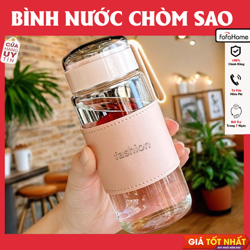 Bình Thuỷ Tinh Có Bọc Da Kèm Dây Đeo In Hình Chòm Sao Ở Nắp Dung Tích 340ml - Giao Màu Ngẫu Nhiên
