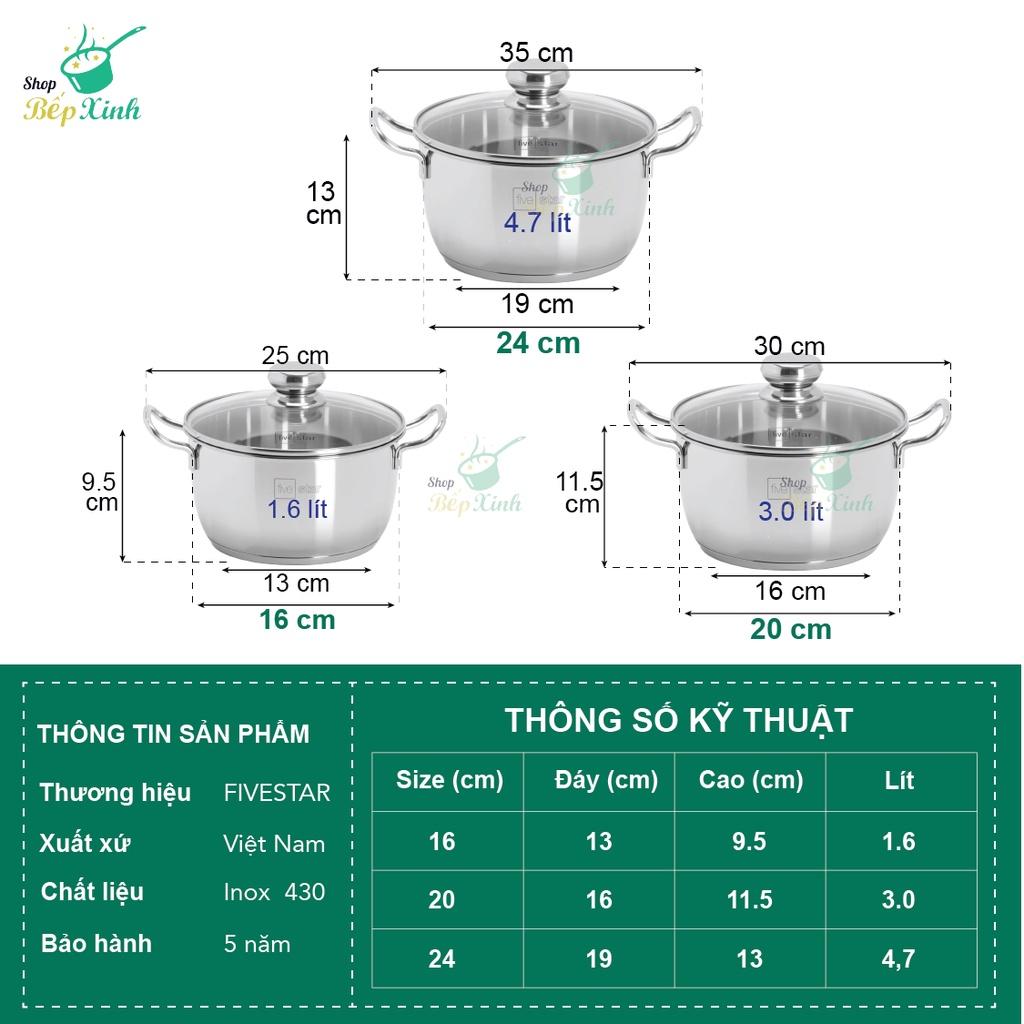 Bộ nồi Fivestar Standard FS-B3010 ( Nồi16cm , nồi 20cm , nồi 24cm) , 3 đáy dùng được mọi bếp