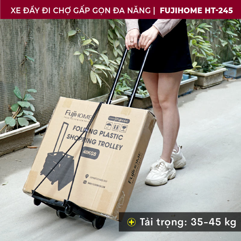 Xe đẩy đi chợ FUJIHOME HT-245 gấp gọn đa năng, Tải trọng 45kg, Thiết kế thông minh và tiện dụng, Có móc kéo hỗ trợ việc vận chuyển hàng cồng kềnh