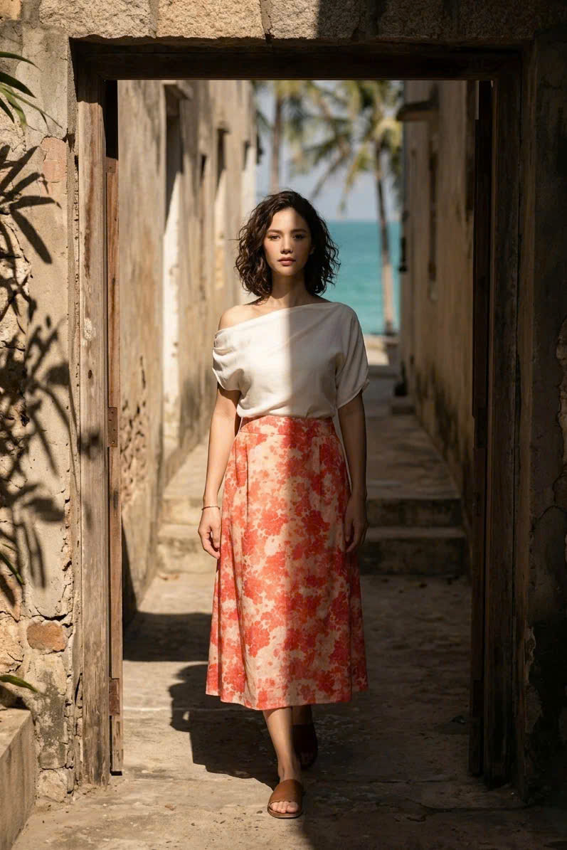 Váy Midi Ramie In Hoa Thanh Minh Ski055 Thời trang Hity