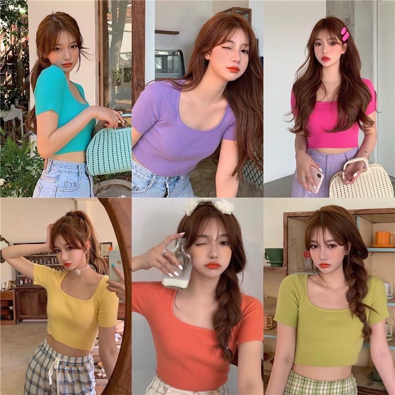 Áo len tăm croptop cổ chữ U