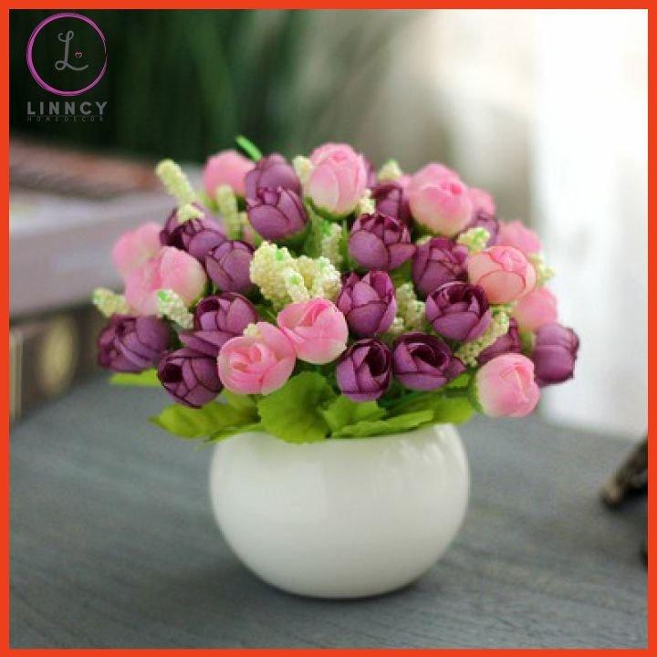 Chậu tròn hoa giả mini cắm sẵn để bàn nhiều mẫu cao 15cm