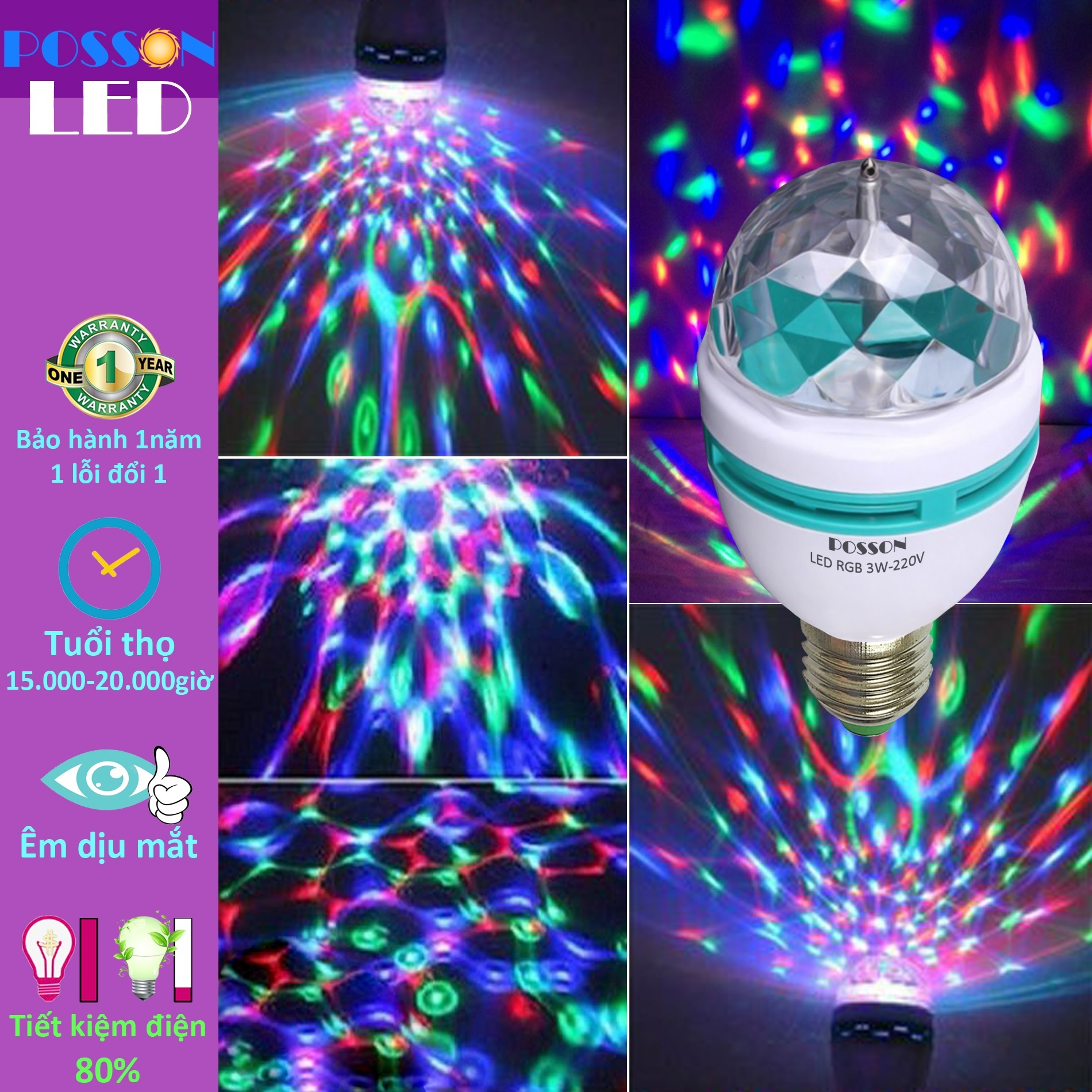 Đèn Led đổi màu trang trí sân khấu vũ trường karaoke 3 mắt RGB cầu pha lê xoay tròn Posson LR-3RGB