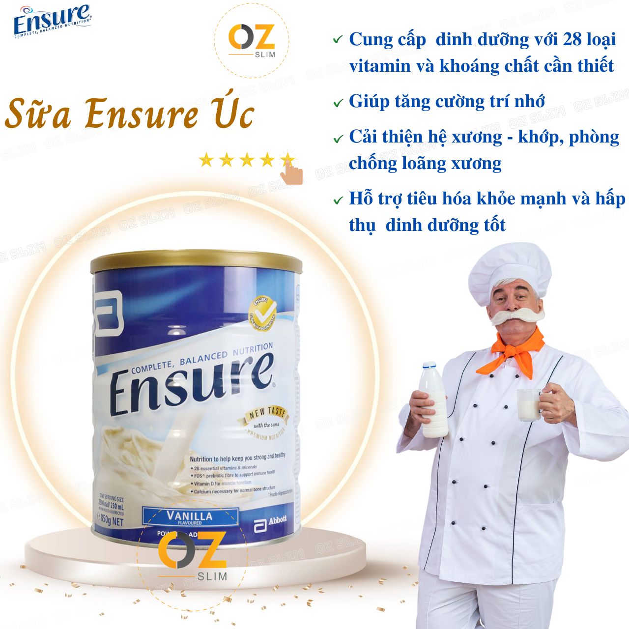 Sữa Ensure Úc cho người già, người gầy yếu suy dinh dưỡng, người sau phẫu thuật, cung cấp dinh dưỡng giúp hồi phục sức khỏe - OZ Slim Store -850g/lon