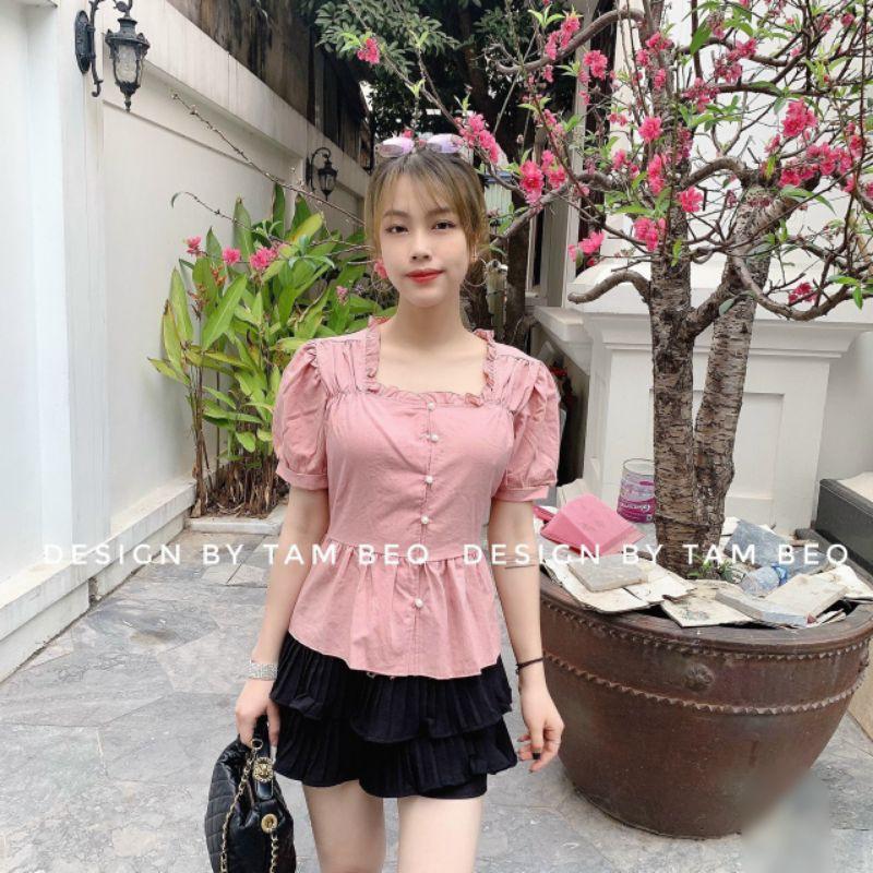 Áo Kiểu Chất Đũi Ngắn Tay _ Thiết Kế Cổ Bèo Vuông Đính Khuy Ngọc Sang Chảnh