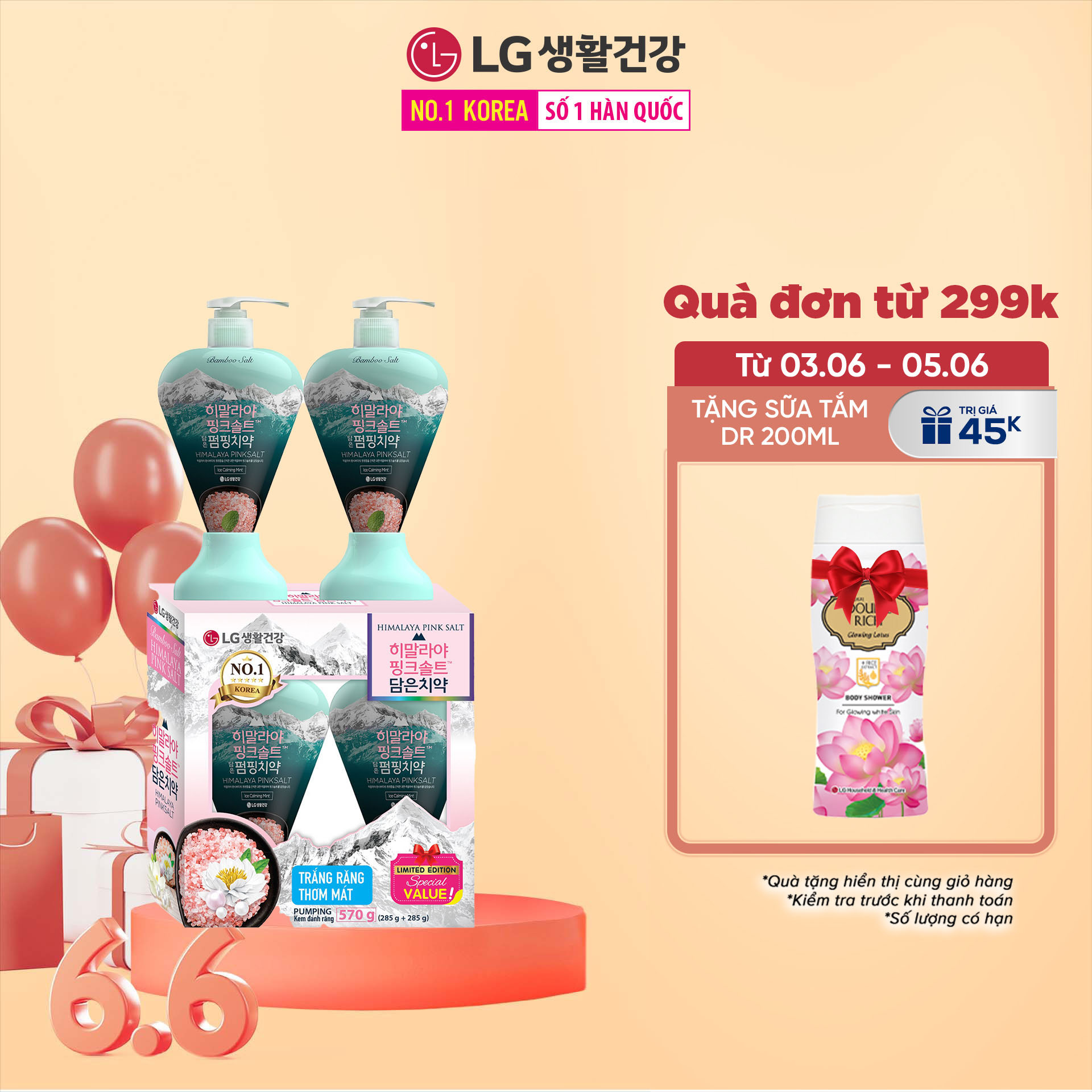 Combo 2 Kem đánh răng dạng vòi Bamboo Himalaya Pink Salt Pumping Ice Calming Mint Hương Bạc Hà Mát Lạnh 285gx2