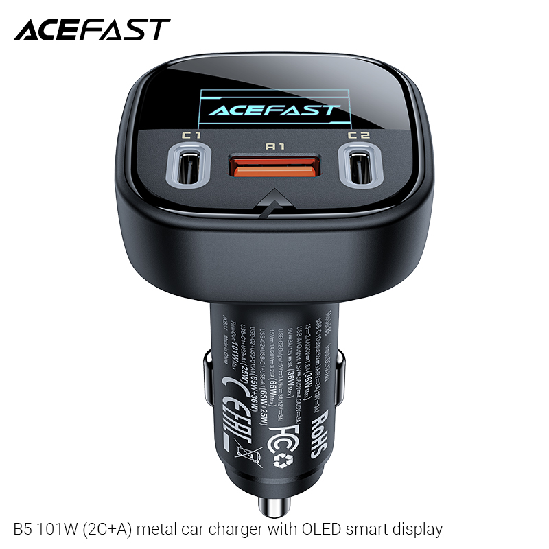 Sạc ô tô Acefast 101W 3 cổng 2xUSB-C + USB-A có đèn hiển thị - B5 Hàng chính hãng Acefast