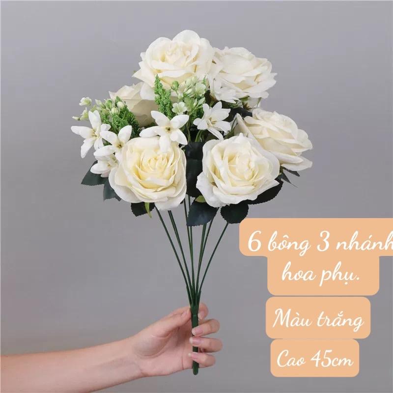 Hoa hồng lụa, hoa mẫu đơn luạ giả cao cấp 6 bông 3 hoa nhánh hoa phụ , Trang trí , Trà quý tộc, Hoa giả để bàn