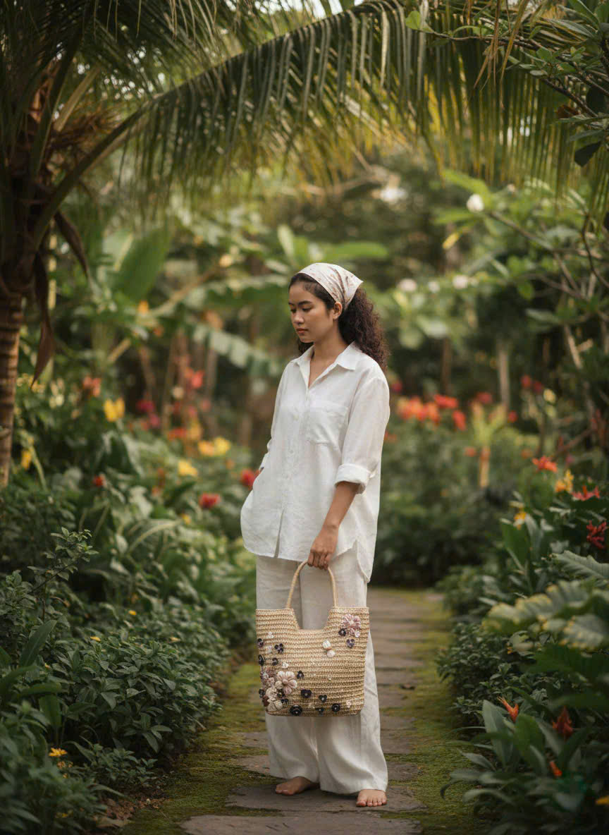 Giỏ Cói Giấy Mềm Dáng Tote Gắn Vỏ Sò, Giỏ Cói Tote Hải Đường ACC142