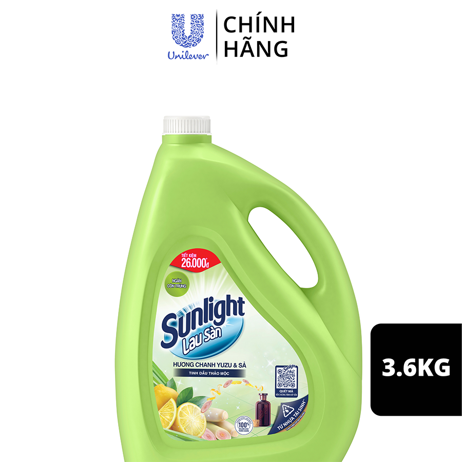 Nước Lau Sàn Sunlight Tinh Dầu Thảo Mộc Hương Hương Chanh Yuzu &amp; Sả 3.6 Kg - Sạch Thơm Thư Thái - Nhà Thêm Trong Lành