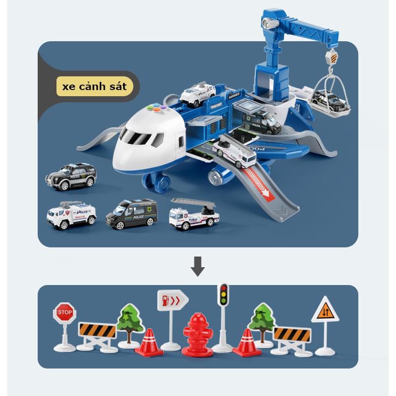 Bộ đồ chơi máy bay biến hình kèm ô tô kim loại, giàn cẩu, thang trượt, biển báo giao thông đa năng