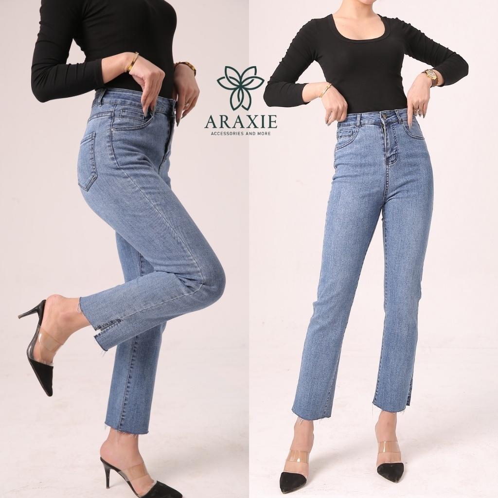 Quần jeans ống đứng nữ màu xanh xẻ gấu co giãn 4 chiều JAOD05