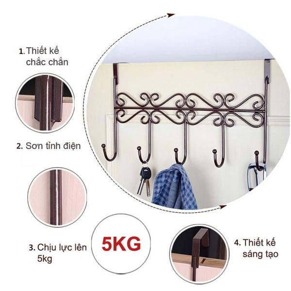 MÓC TREO ĐỒ GẮN SAU CỬA 5 MÓC HOA VĂN KHÔNG CẦN KHOAN TƯỜNG CHỊU LỰC TỐT - TIẾT KIỆM KHÔNG GIAN SỐNG