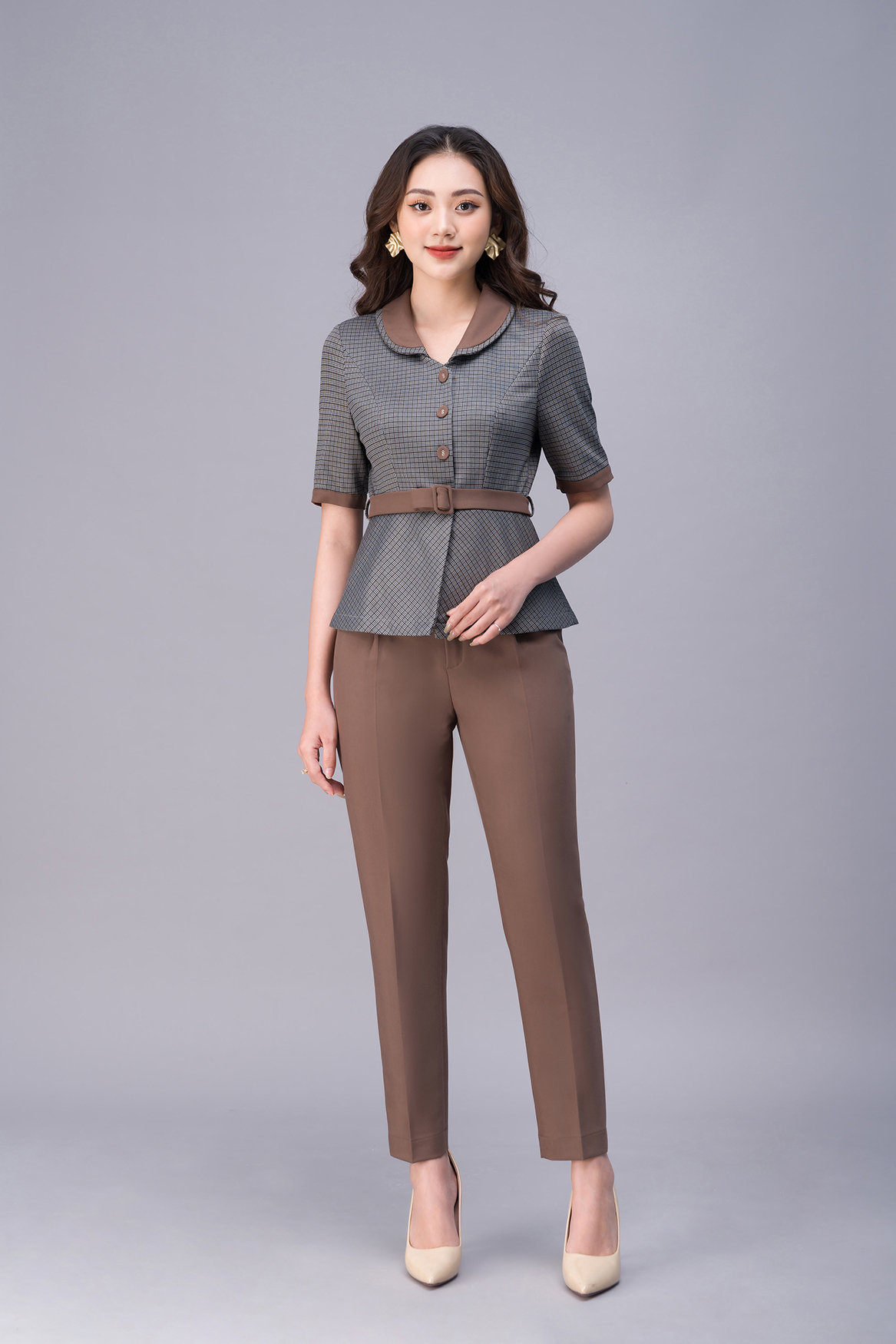 Sét Bộ Nữ Công Sở LUPERI LFSB499 Áo Cộc Tay Phối Đai Kết Hợp Quần Dài