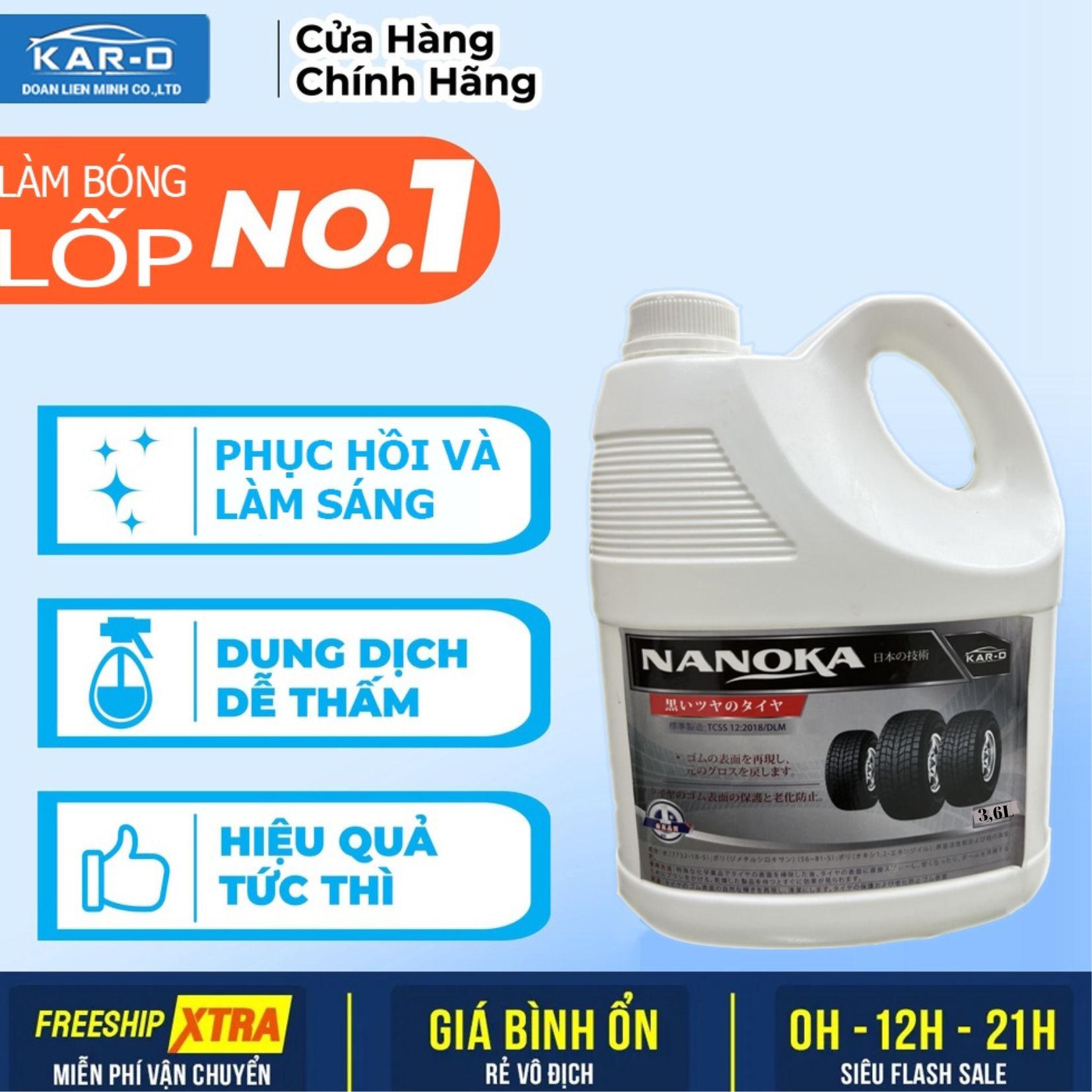 [Bóng lốp] Dung dịch phục hồi làm bóng lốp, chăm sóc lốp, phục hồi nhựa nhám lốp ô tô, xe máy Nanoka 3,6L