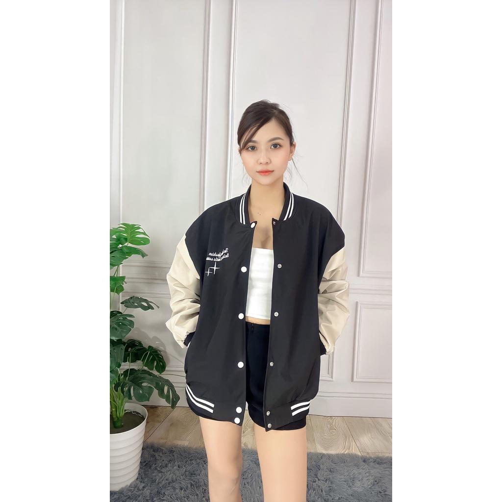 Áo Khoác Bomber Gió Nữ Phối Sọc Tay Bo Dáng Lỡ