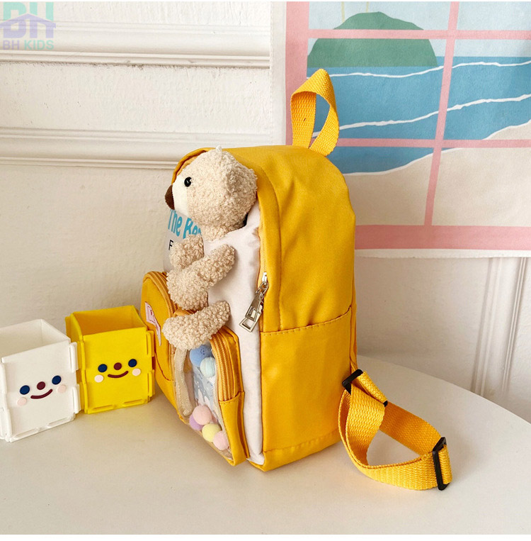 Balo kèm gấu bông xinh xắn BH Kids, chất vải Canvas, phù hợp với bé mẫu giáo, mầm mon - BHS34