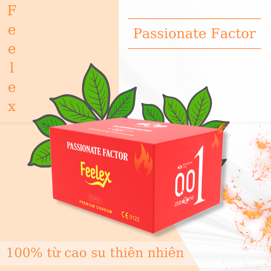 Bao cao su nam Feelex Passionate Factor mỏng, nhiều gel bôi trơn, ấm nóng truyền nhiệt - Hộp 10 bcs