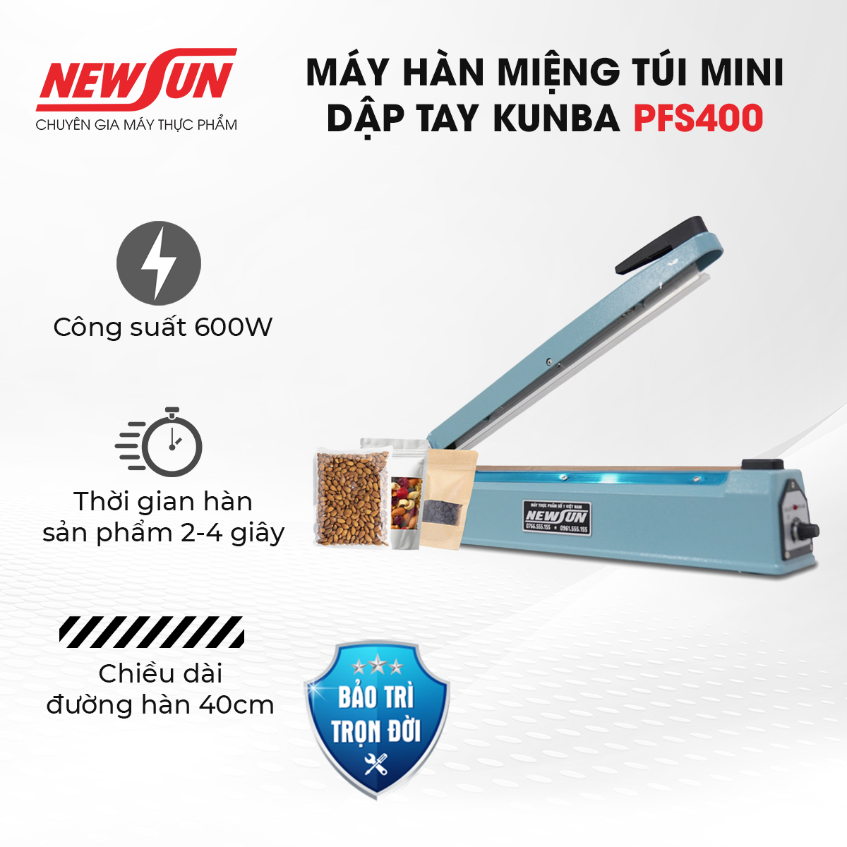 Máy hàn miệng túi mini dập tay Kunba PFS400 NEWSUN - Nhanh chóng, kín khít, đẹp mắt - Hàng chính hãng