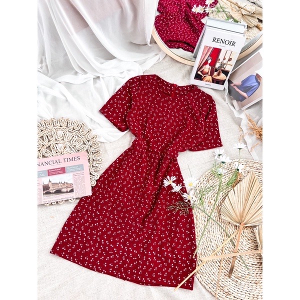 Đầm hoa nhí cột nơ lưng - đầm midi hoa nhí đỏ
