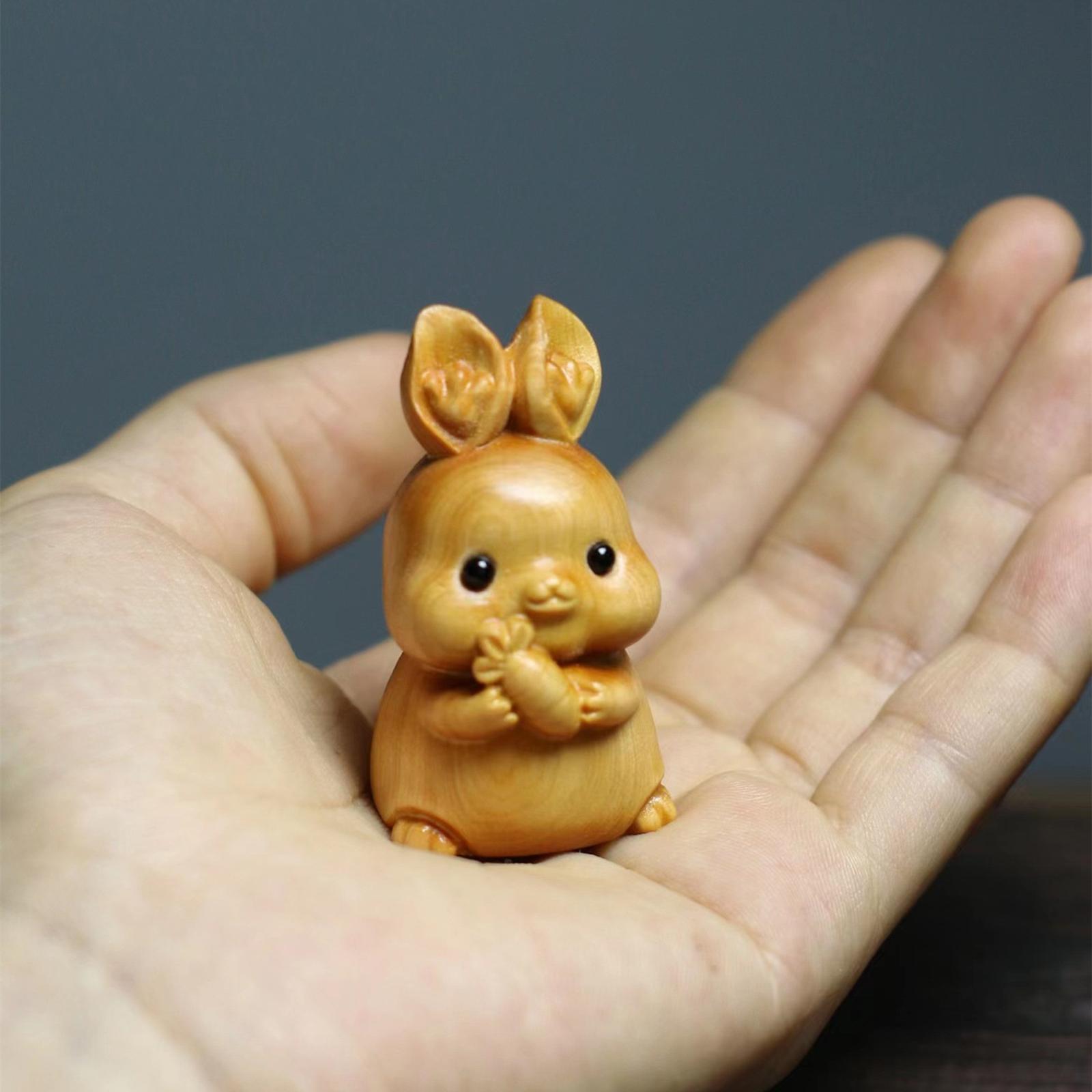 Wood Carving Rabbit Statue Crafts DIY Collectibles Desktop Ornament Miniature Figurine Sculpture for Bookshelf Desktop Living Room