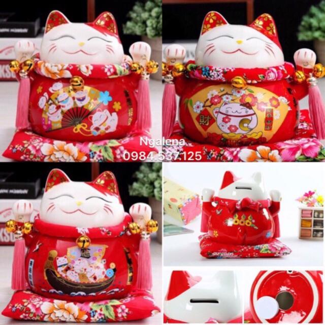 Mèo thần tài, mèo may mắn maneki neko phúc lộc viên mãn 20cm (kèm đệm)