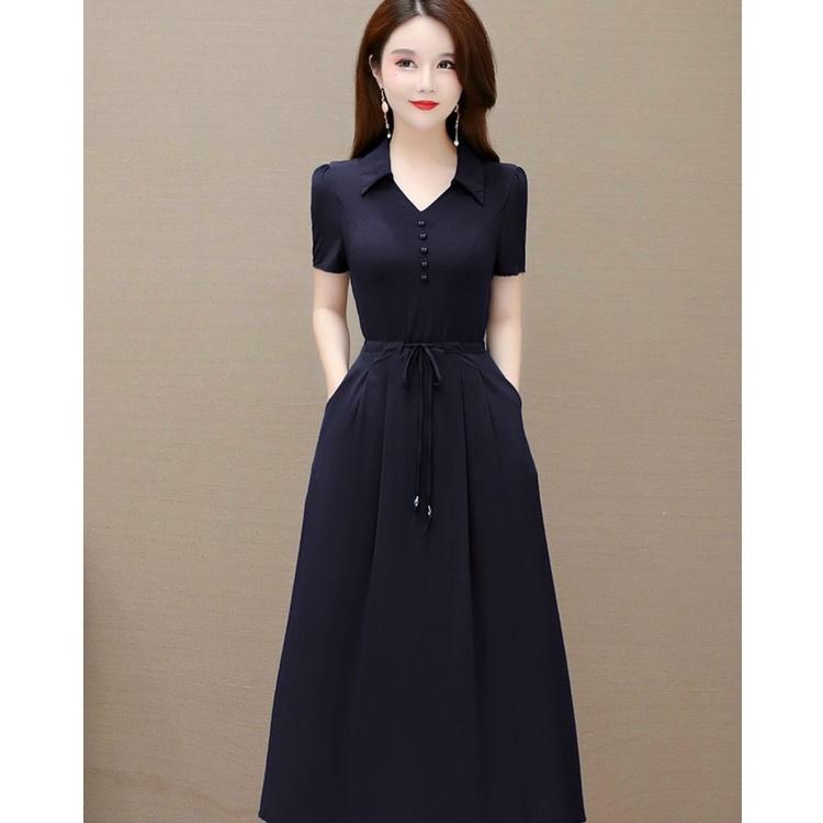 Đầm váy nữ trung niên sơ mi dự tiệc dạo phố đơn giản đỏ đen nhẹ nhàng