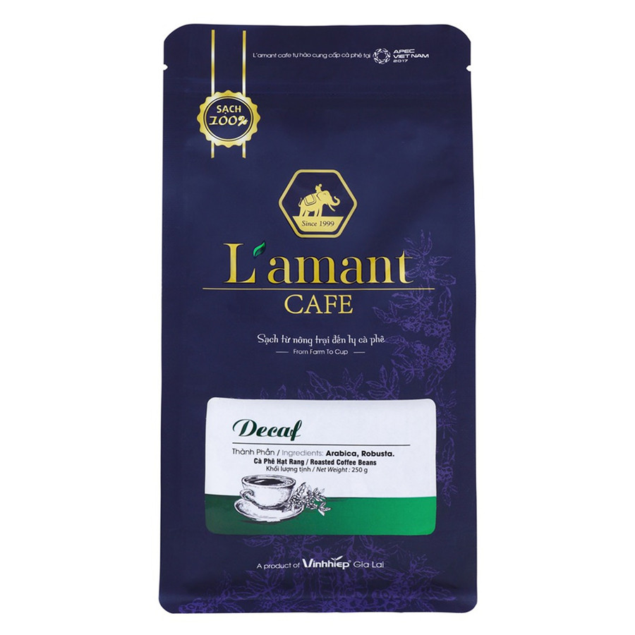 Cà phê nguyên chất L'amant Decaf rang nguyên hạt không gây mất ngủ dùng pha máy 250gr