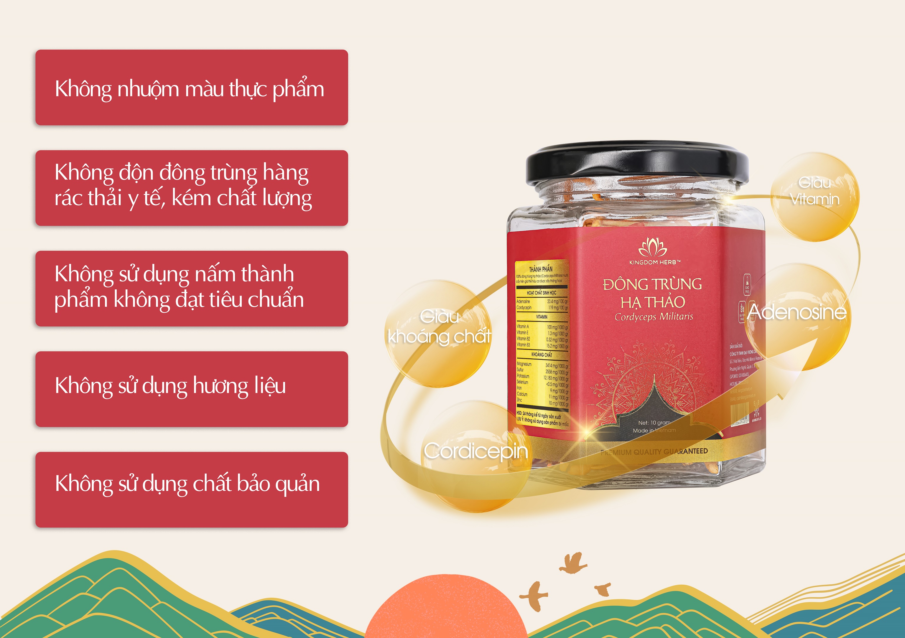 Đông trùng hạ thảo Kingdom Herb chính hãng loại thượng hạng sấy thăng hoa hộp 10 gram