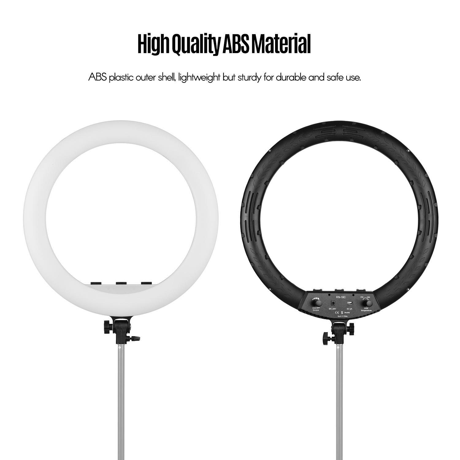 Bộ đèn chụp ảnh 18 inch LED Ring Light có thể điều chỉnh độ sáng vô cấp 2700K-6500K với 3 chiếc giá đỡ điện thoại Điều khiển từ xa - Đen